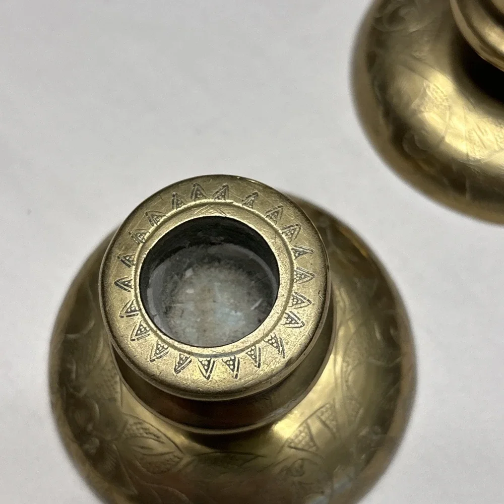 Pair of Vtg‎ Brass Engraved Candle Holders